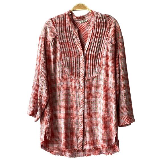 Free People Intimately Plaid Tunic Shirt Women XS‎ Pink Chew Hem Boho Oversized - Picture 1 of 10